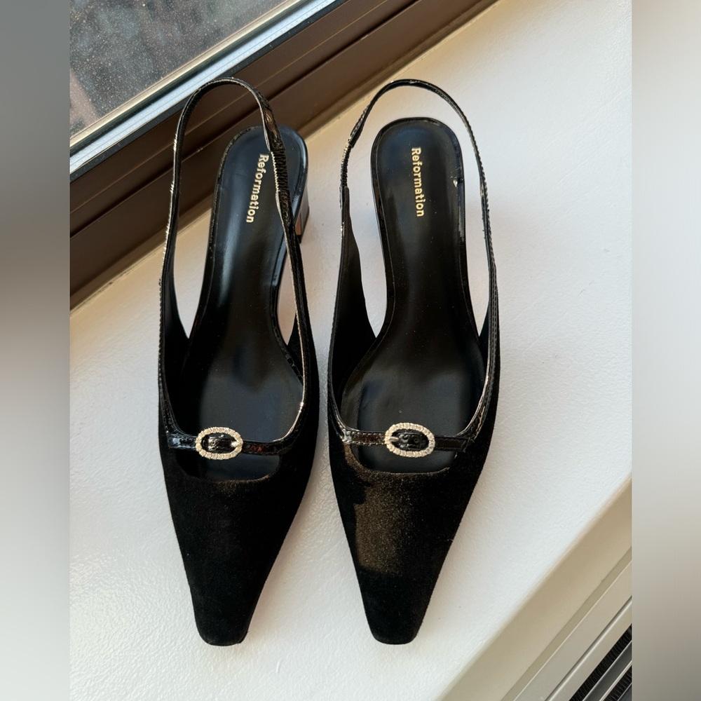 Reformation Black Satin Slingback Heels with Rhinestone Buckle